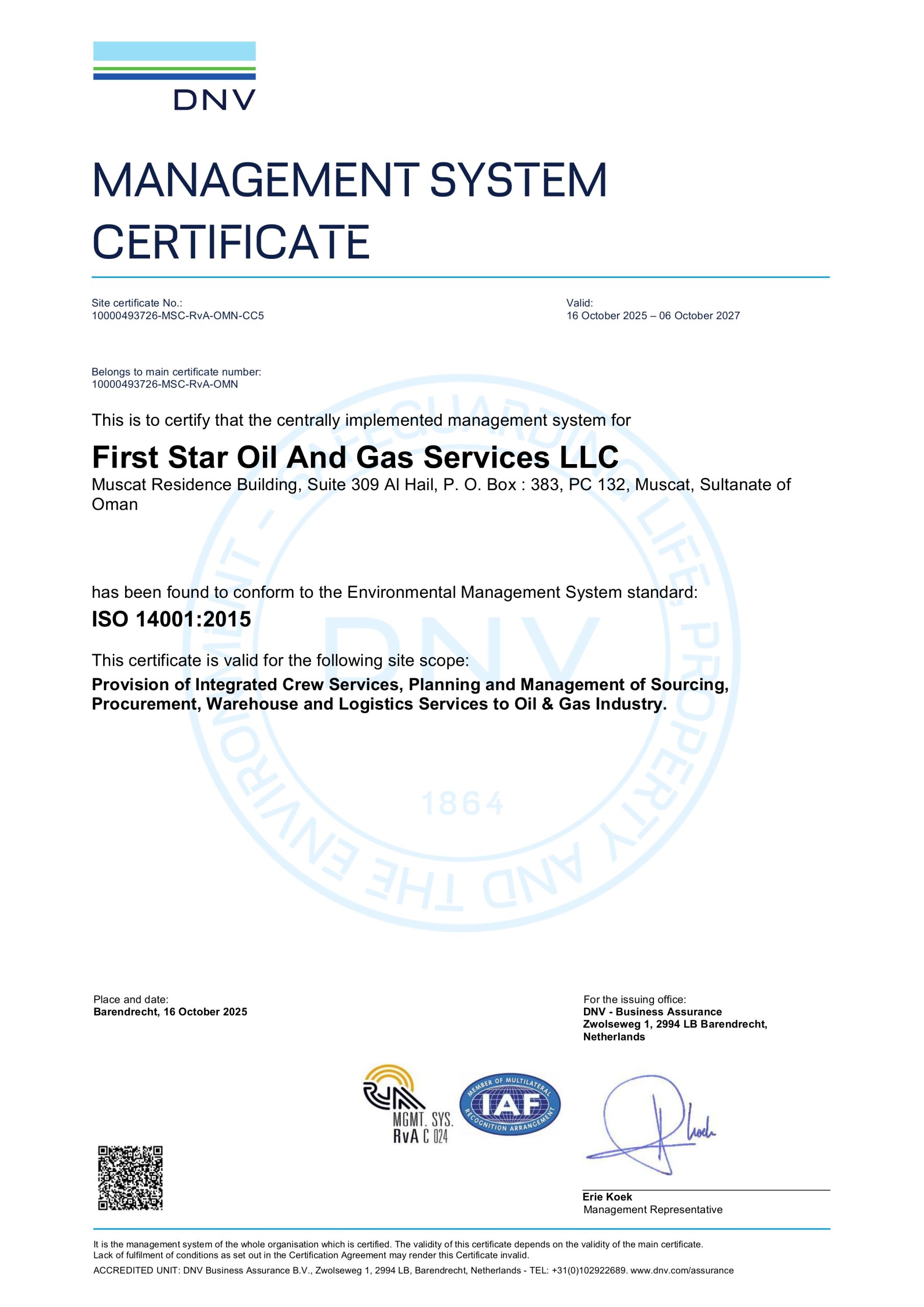 ISO 14001-First Star Oil And Gas Services LLC